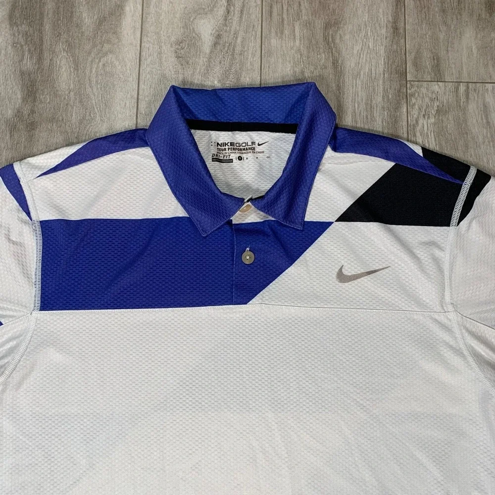 Nike Polo Shirt Mens Small White‎ Blue Color block Dri-Fit Golf